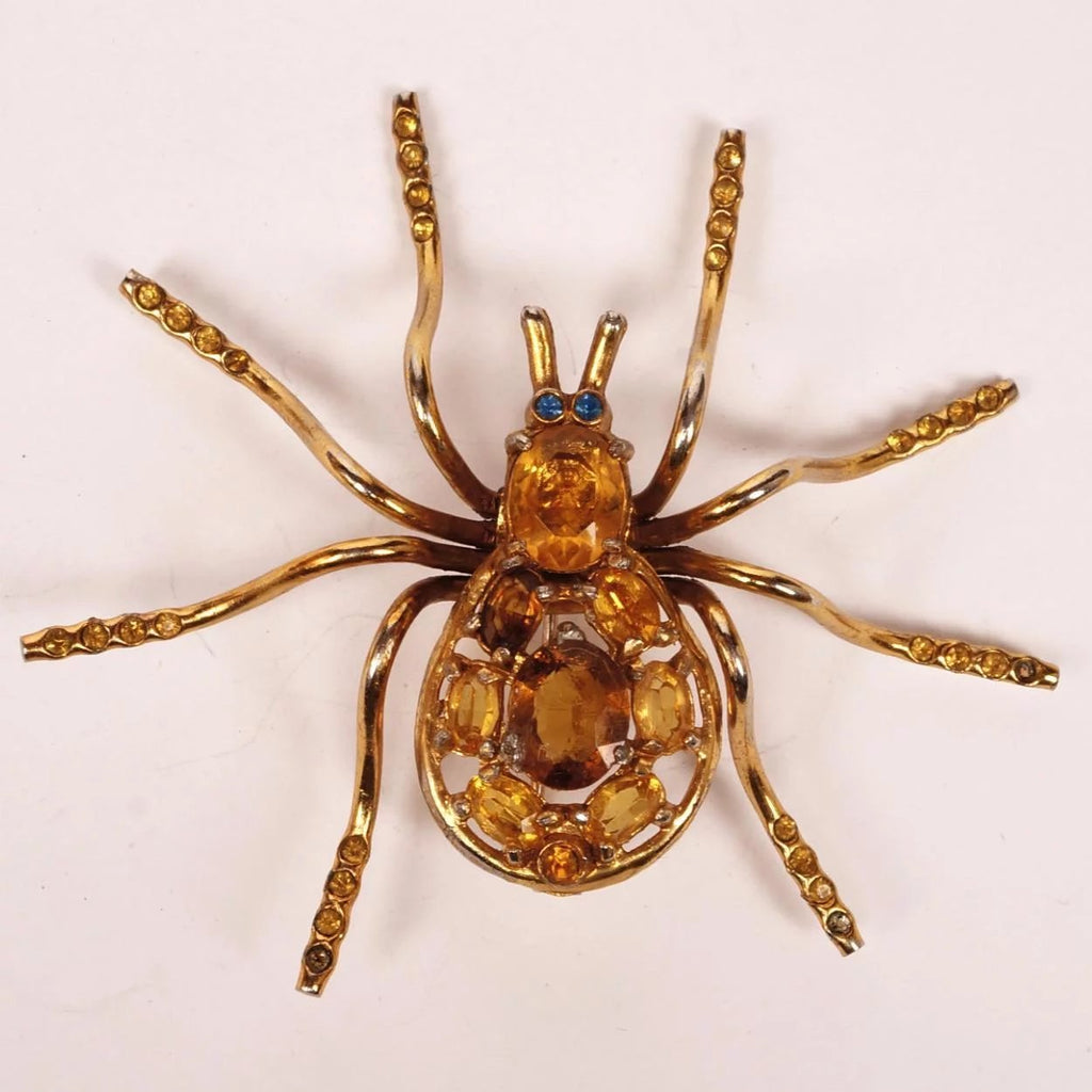 Vintage Spider Brooch with Topaz Rhinestones - Poppy's Vintage Clothing