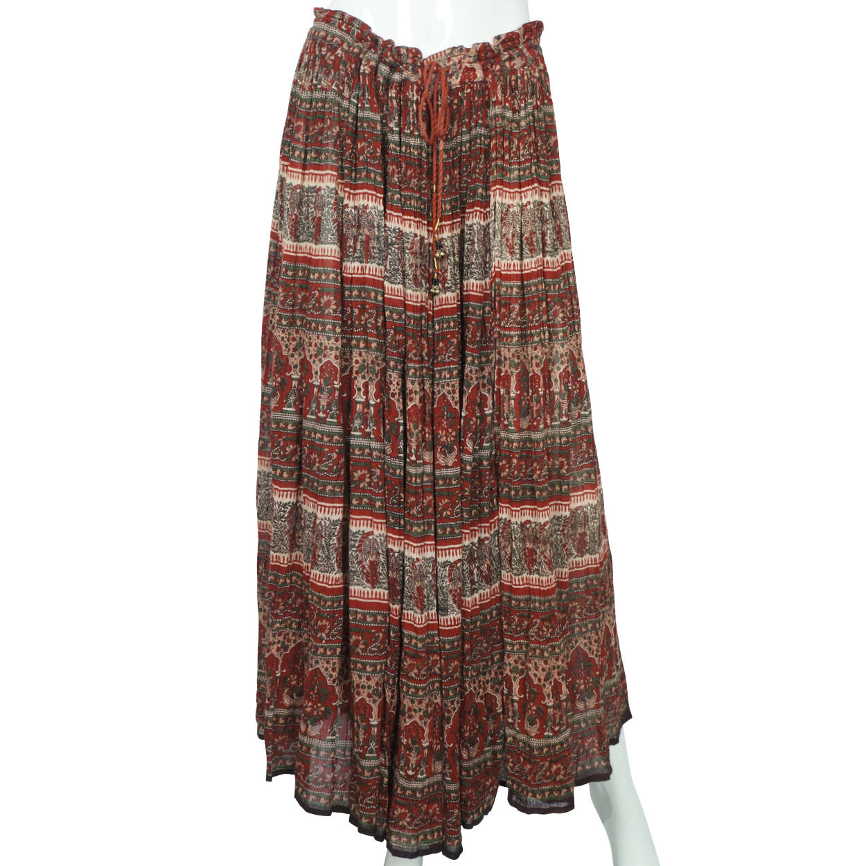 Vintage Indian Gauze Cotton Skirt with Red & Green Floral Pattern One Size - Poppy's Vintage Clothing