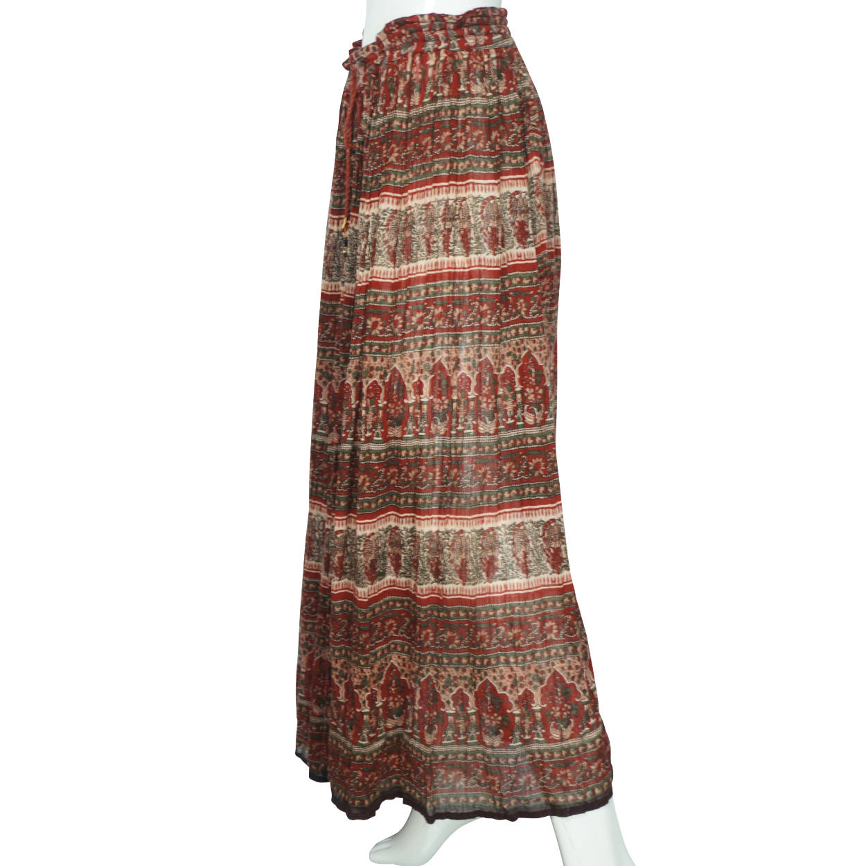 Vintage Indian Gauze Cotton Skirt with Red & Green Floral Pattern One Size - Poppy's Vintage Clothing