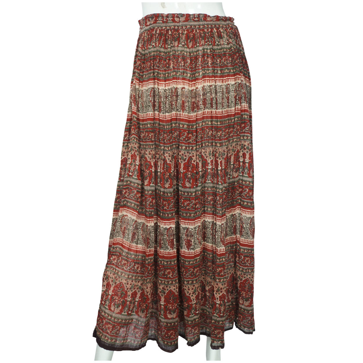 Vintage Indian Gauze Cotton Skirt with Red & Green Floral Pattern One Size - Poppy's Vintage Clothing