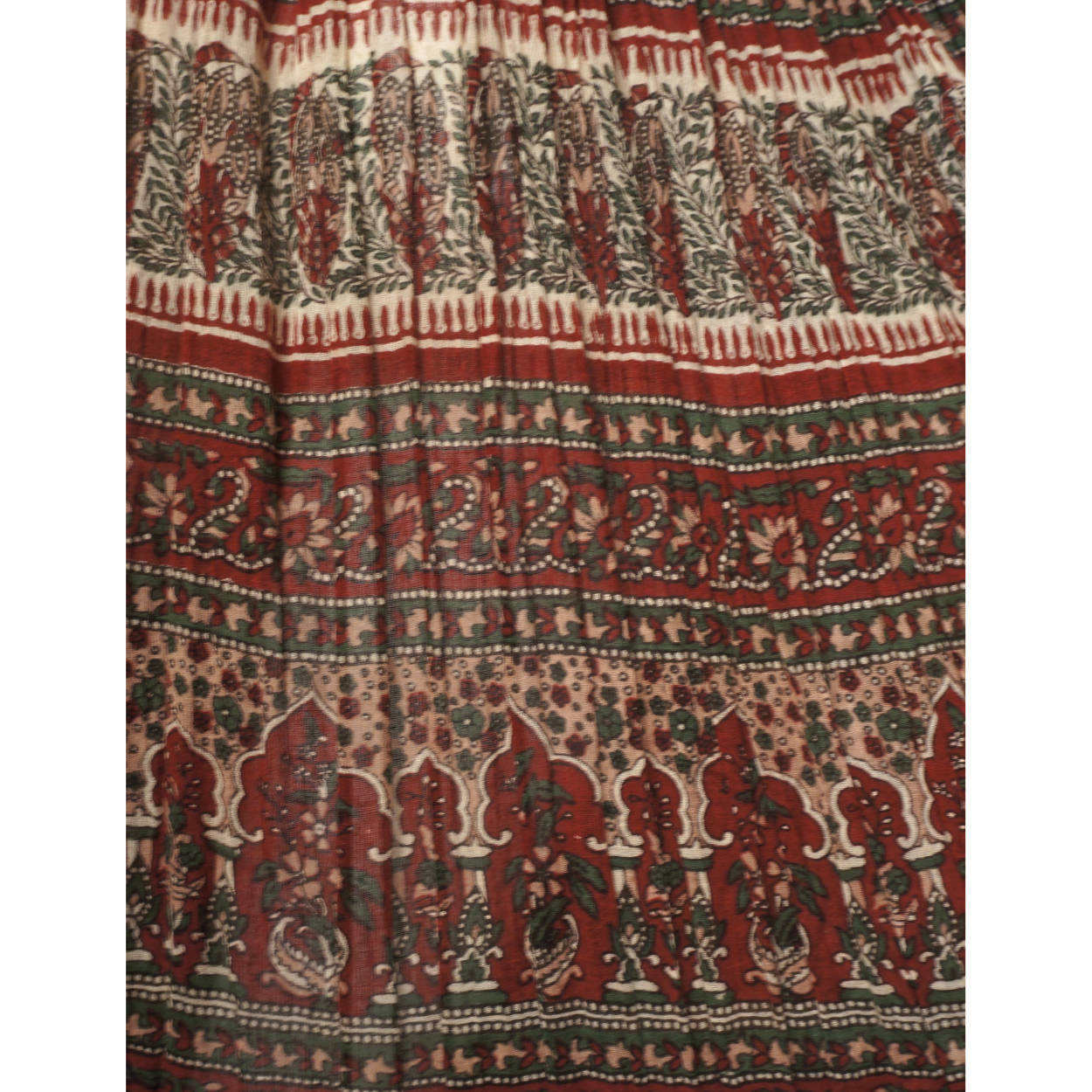 Vintage Indian Gauze Cotton Skirt with Red & Green Floral Pattern One Size - Poppy's Vintage Clothing