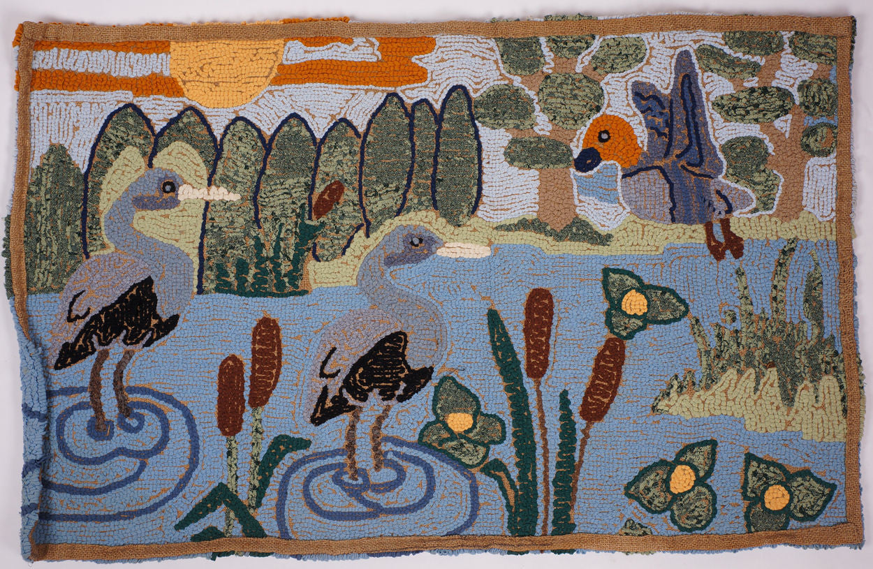 Vintage 1930s Hooked Rug Duck Pond Scene Folk Art - Poppy's Vintage Clothing