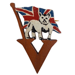 WWII British Bulldog V for Victory Wood Pin Patriotic Sweetheart Lapel Brooch - Poppy's Vintage Clothing