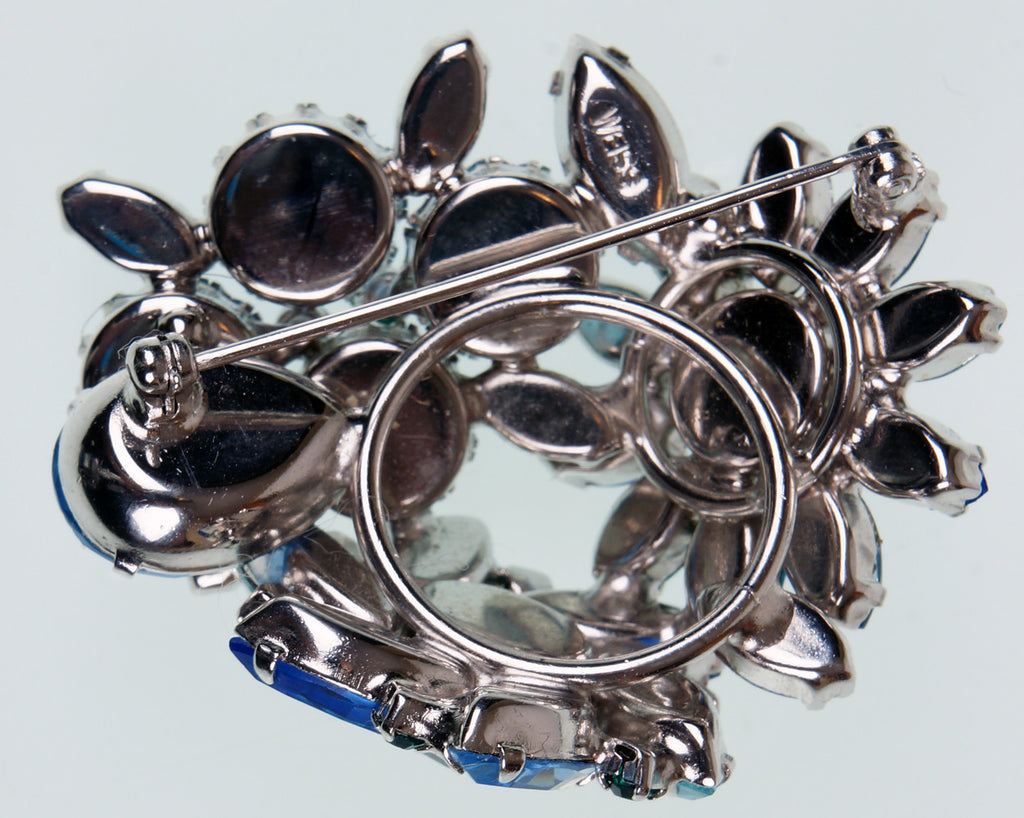 Weiss 50s Vintage Rhinestone Brooch Ice Blue & Green Stones on Silver Rhodium Setting - Poppy's Vintage Clothing