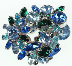 Weiss 50s Vintage Rhinestone Brooch Ice Blue & Green Stones on Silver Rhodium Setting - Poppy's Vintage Clothing