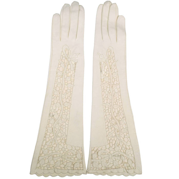 Vintage 1950s White Antelope Leather Cutwork Lace Gloves Size 6.5 Excellent - Poppy's Vintage Clothing