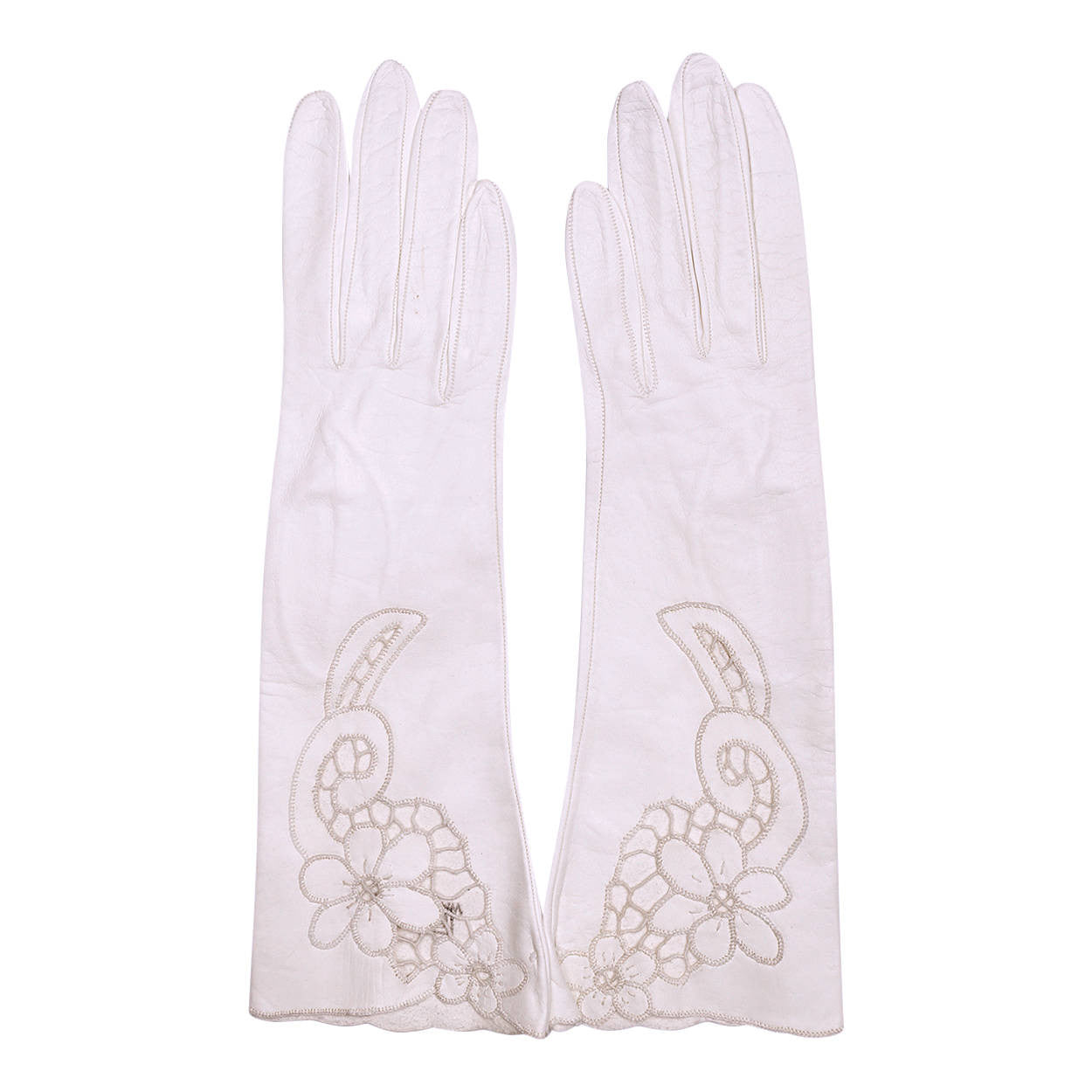 Vintage NOS Ladies White Leather Cutwork Gloves Unused Size 6.5 - Poppy's Vintage Clothing