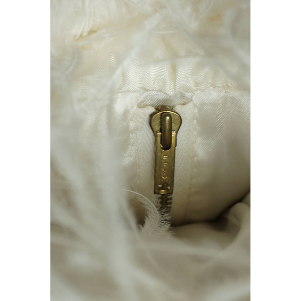 Vintage White Ostrich Feather Muff w Zippered Compartment Purse Bridal Accessory - Poppy's Vintage Clothing