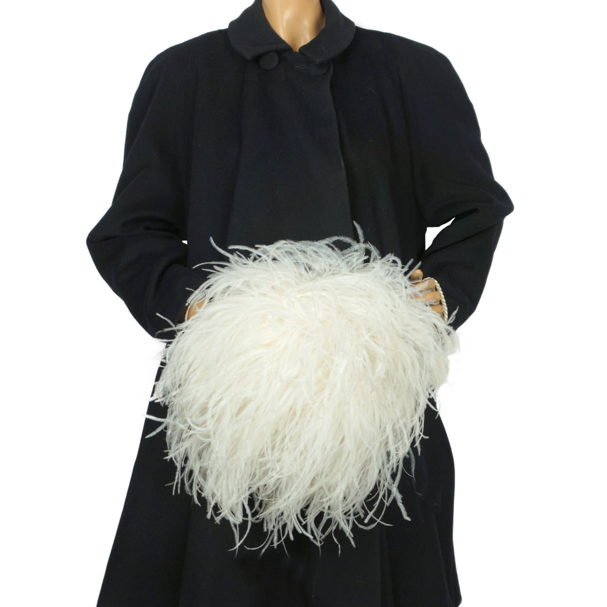 Vintage White Ostrich Feather Muff w Zippered Compartment Purse Bridal Accessory - Poppy's Vintage Clothing