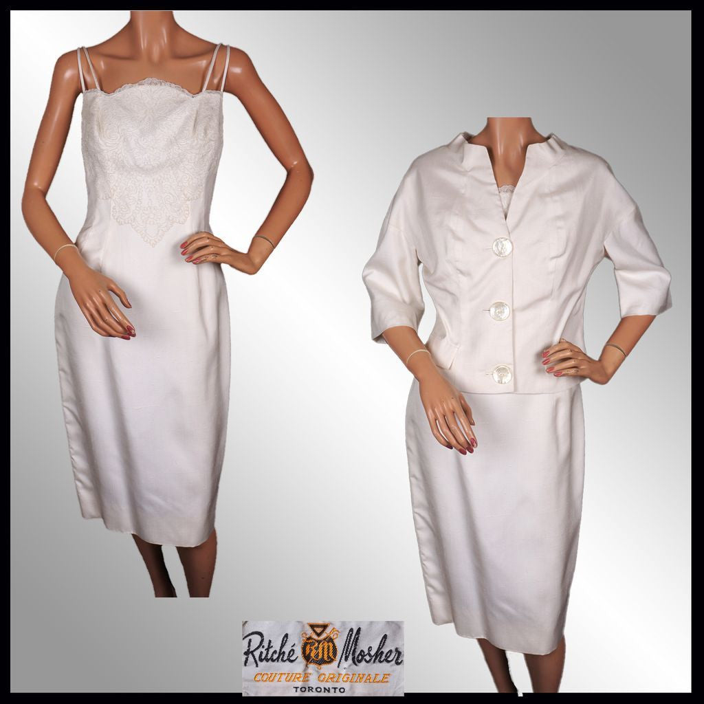 1960s White Silk Couture Dress with Jacket Size M - Poppy's Vintage Clothing