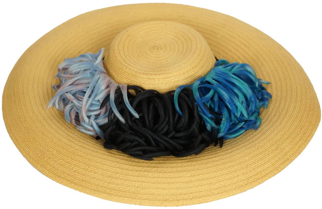 Vintage 1940s Wide Brim Straw Hat with Silk Decoration Flore Deschamps Montreal - Poppy's Vintage Clothing