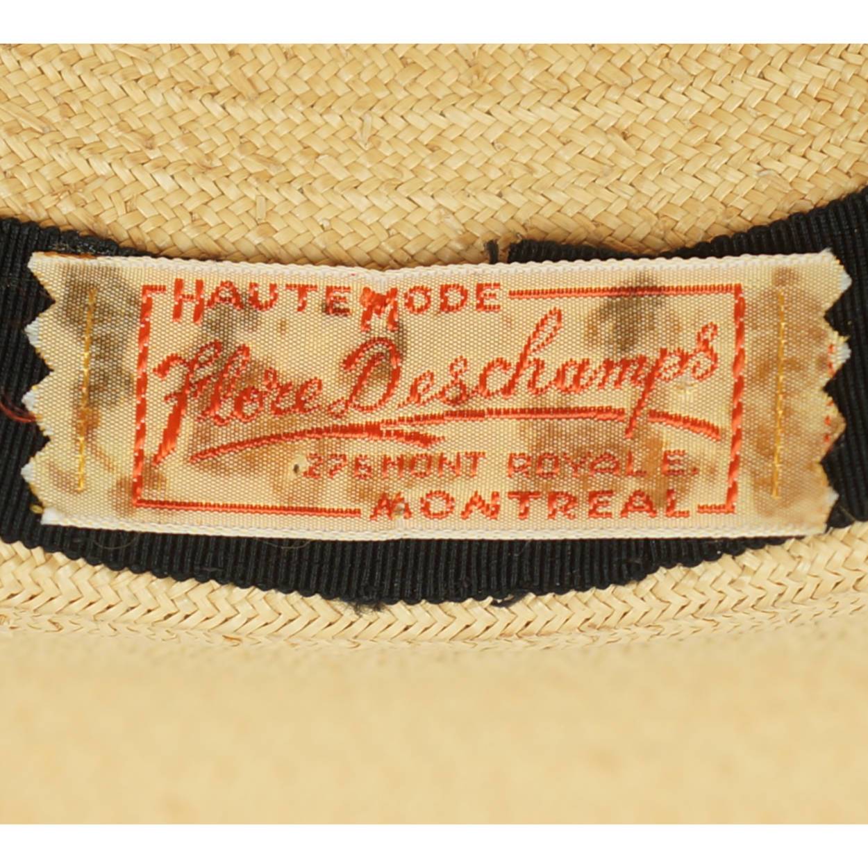 Vintage 1940s Wide Brim Straw Hat with Silk Decoration Flore Deschamps Montreal - Poppy's Vintage Clothing