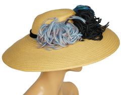 Vintage 1940s Wide Brim Straw Hat with Silk Decoration Flore Deschamps Montreal - Poppy's Vintage Clothing