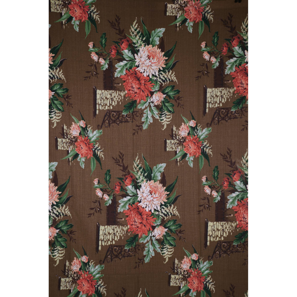 Vintage 1940s Barkcloth Fabric Floral Tower Vat Print Wingate Design 42 x 94 - Poppy's Vintage Clothing