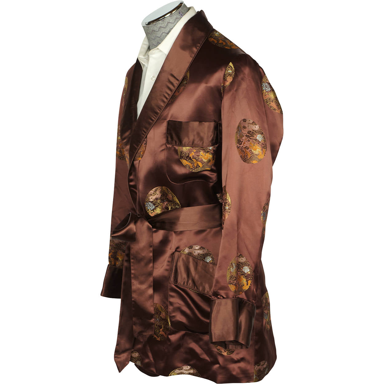 Vintage 1960s Brown Satin Smoking Jacket Wong Sons Shanghai China Size 40 - Poppy's Vintage Clothing