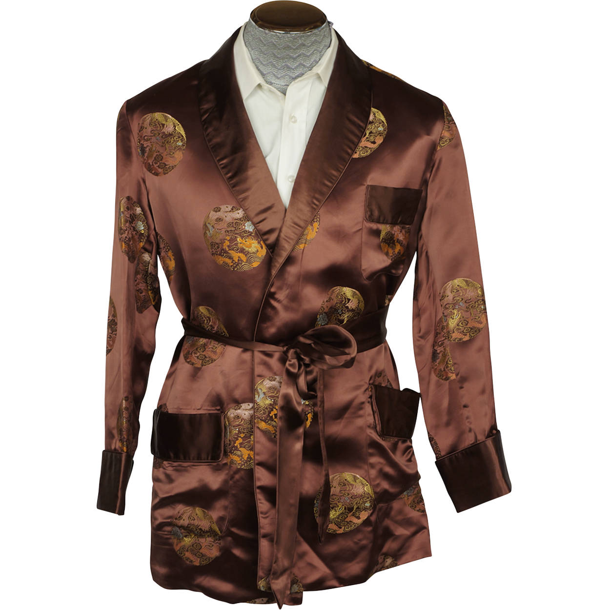Vintage 1960s Brown Satin Smoking Jacket Wong Sons Shanghai China Size 40 - Poppy's Vintage Clothing