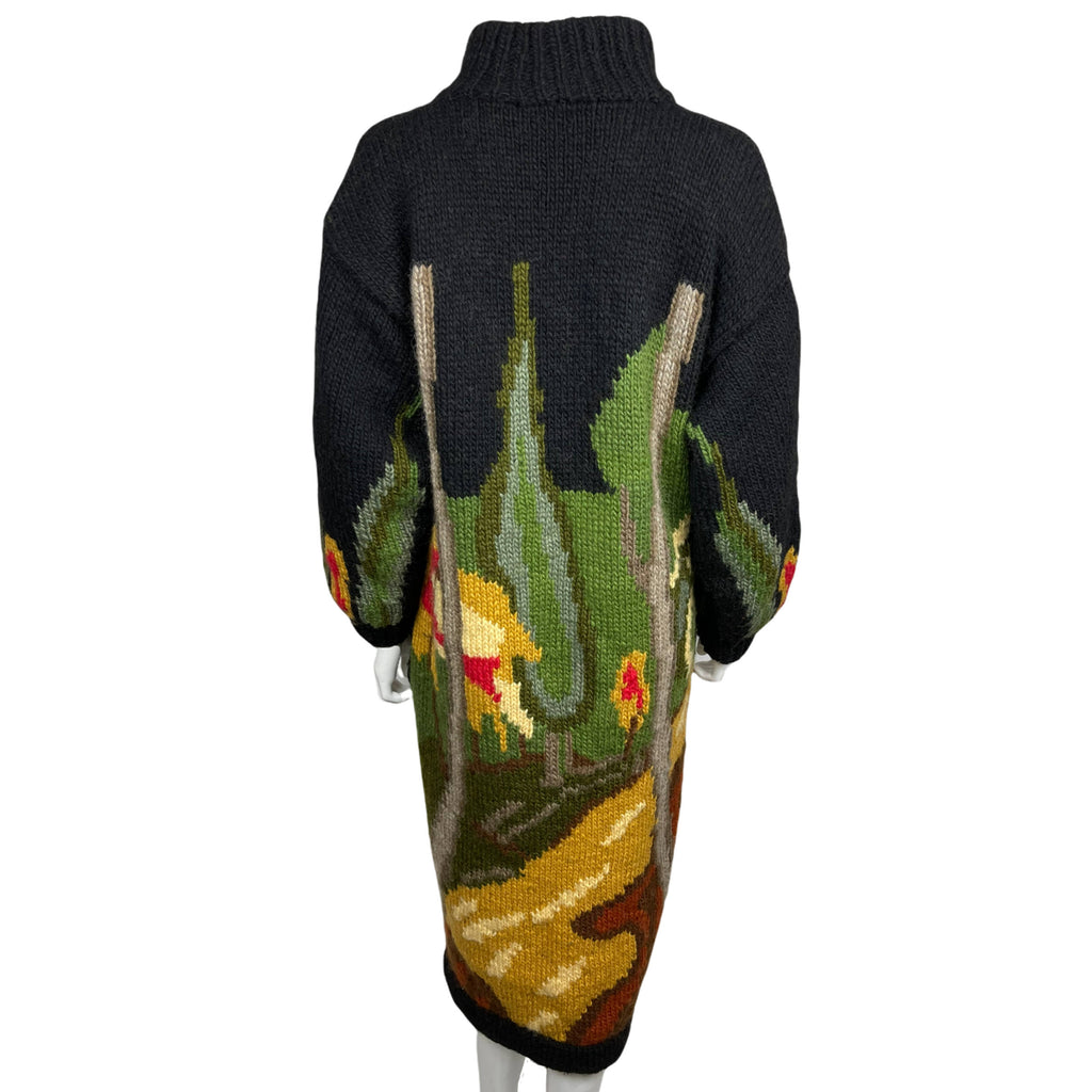 Vintage Coat Sweater Knit Intarsia Woodland Scene Size L