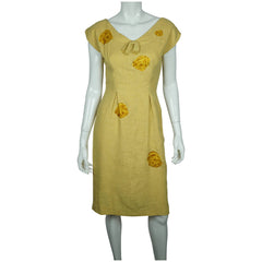 Vintage 1950s Yellow Raw Silk Wiggle Dress w Floral Appliqués Size Medium - Poppy's Vintage Clothing