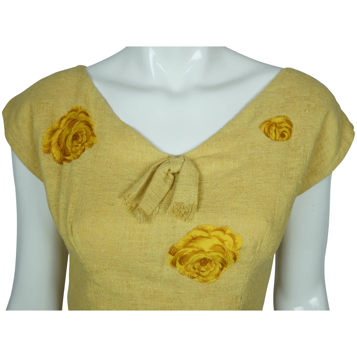 Vintage 1950s Yellow Raw Silk Wiggle Dress w Floral Appliqués Size Medium - Poppy's Vintage Clothing