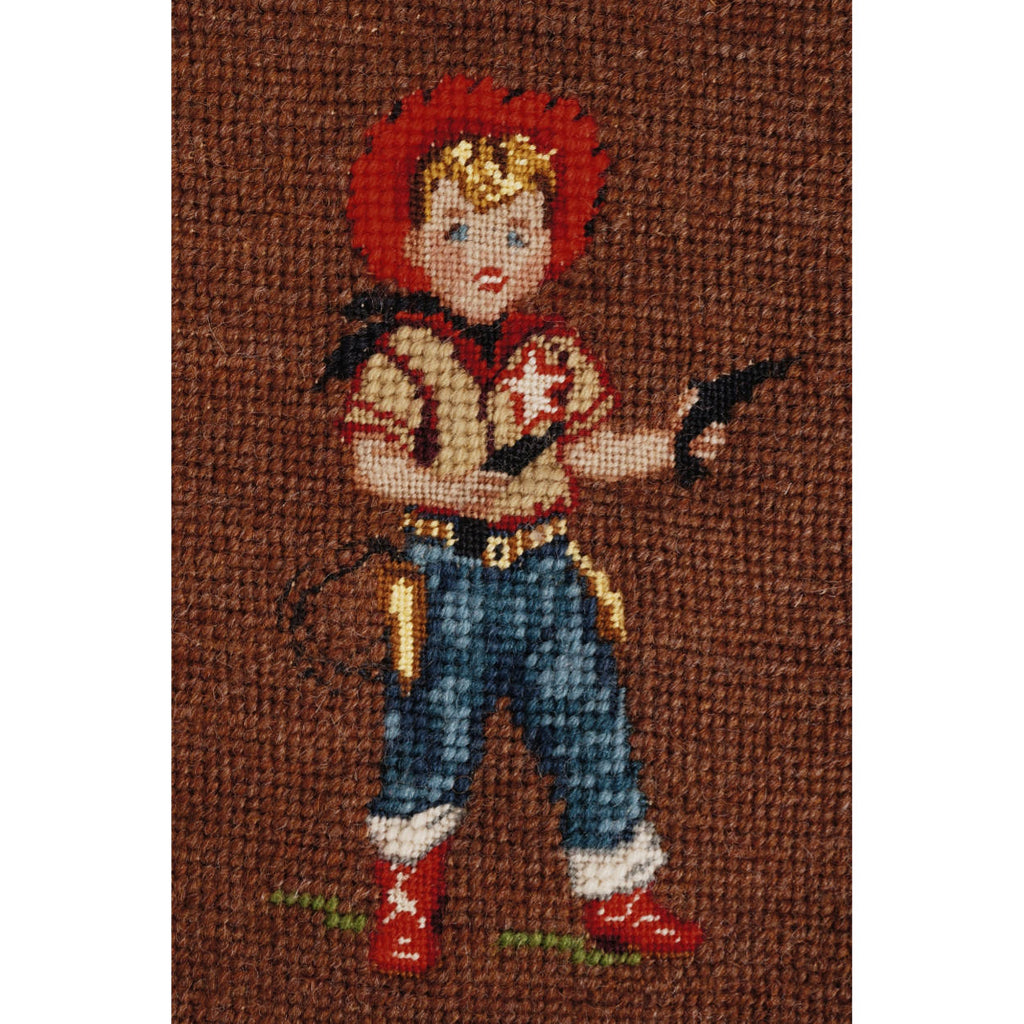 Vintage 40s 50s Petit Point Needlepoint Little Boy Playing Cowboy Cushion Cover - Poppy's Vintage Clothing