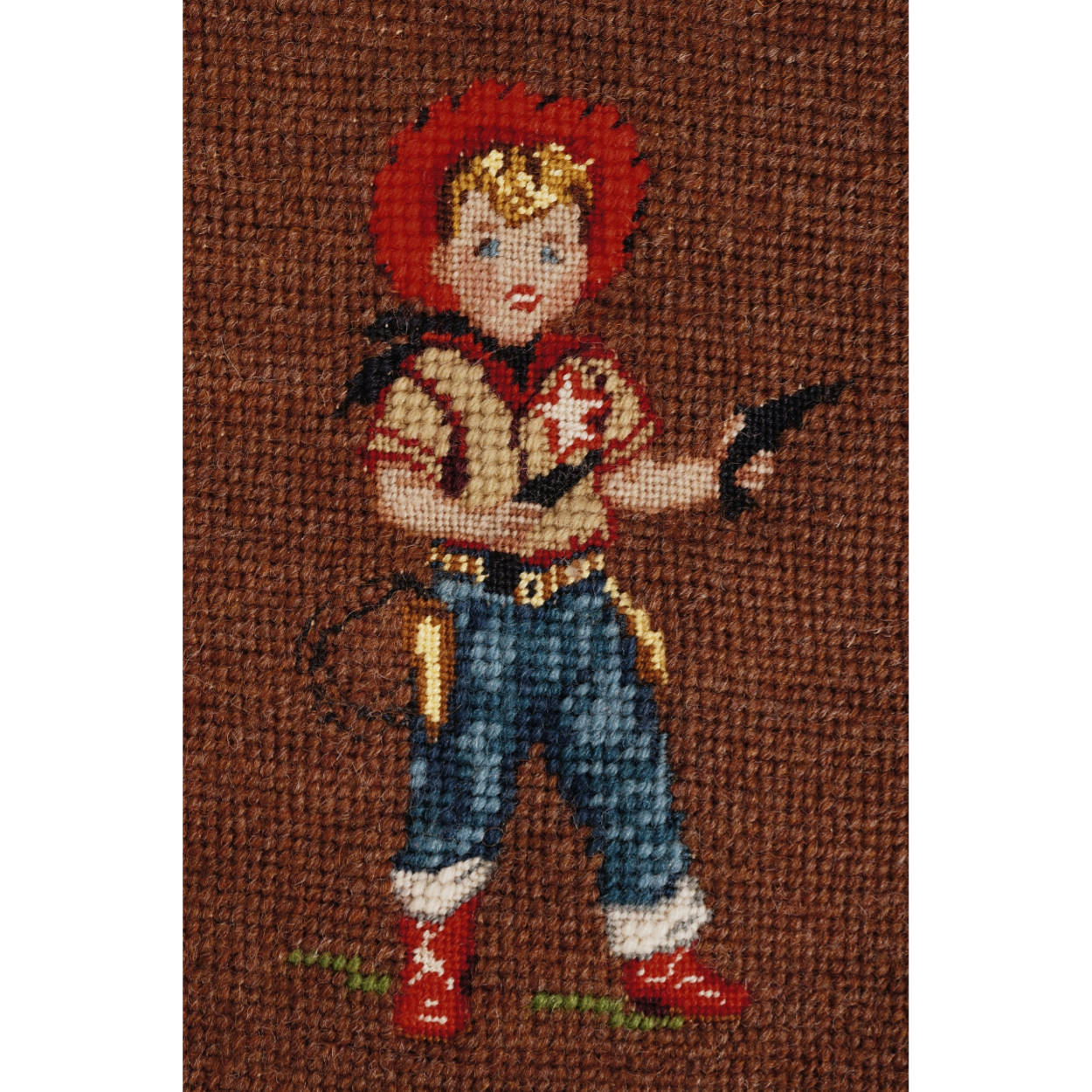 Vintage 40s 50s Petit Point Needlepoint Little Boy Playing Cowboy Cushion Cover - Poppy's Vintage Clothing