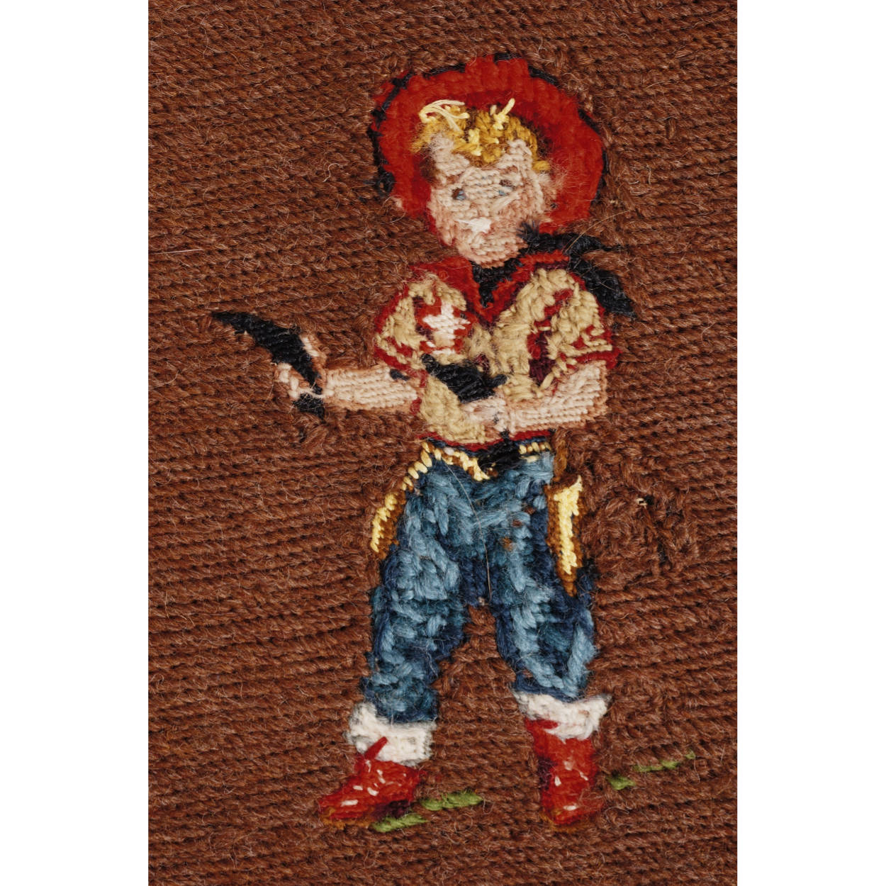 Vintage 40s 50s Petit Point Needlepoint Little Boy Playing Cowboy Cushion Cover - Poppy's Vintage Clothing