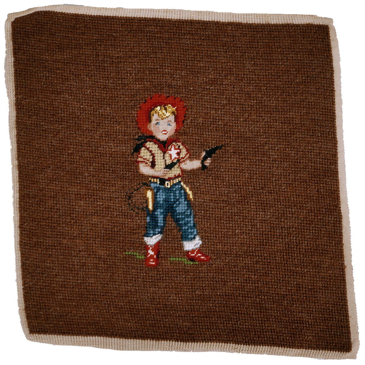 Vintage 40s 50s Petit Point Needlepoint Little Boy Playing Cowboy Cushion Cover - Poppy's Vintage Clothing
