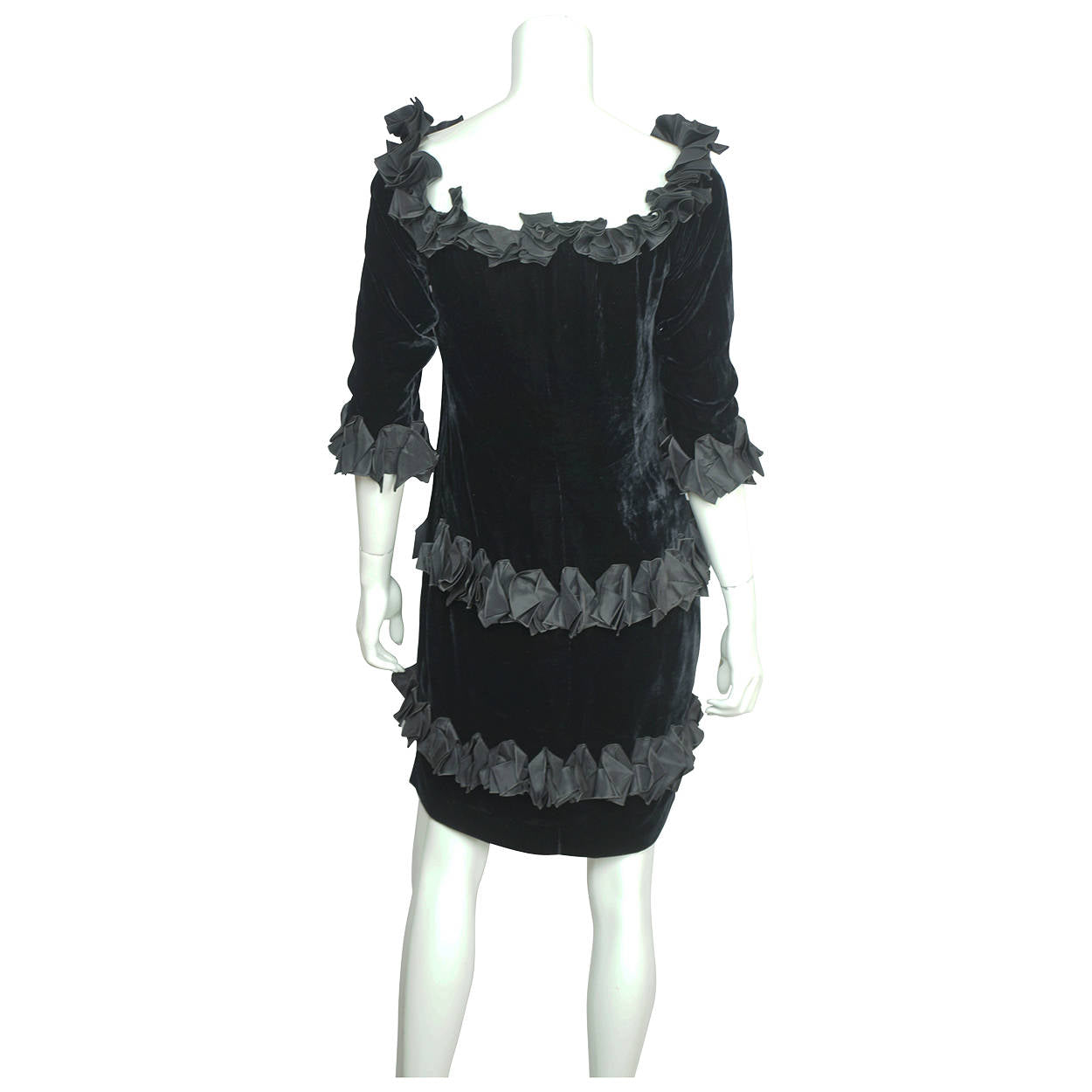 Vintage 1980s Yves Saint Laurent Dress in Black Velvet with Ruffles Size M - Poppy's Vintage Clothing