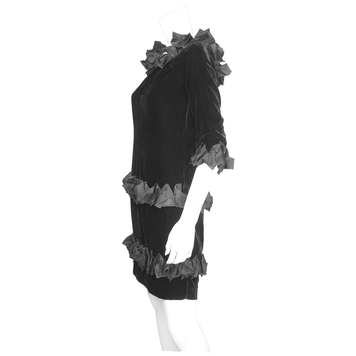 Vintage 1980s Yves Saint Laurent Dress in Black Velvet with Ruffles Size M - Poppy's Vintage Clothing