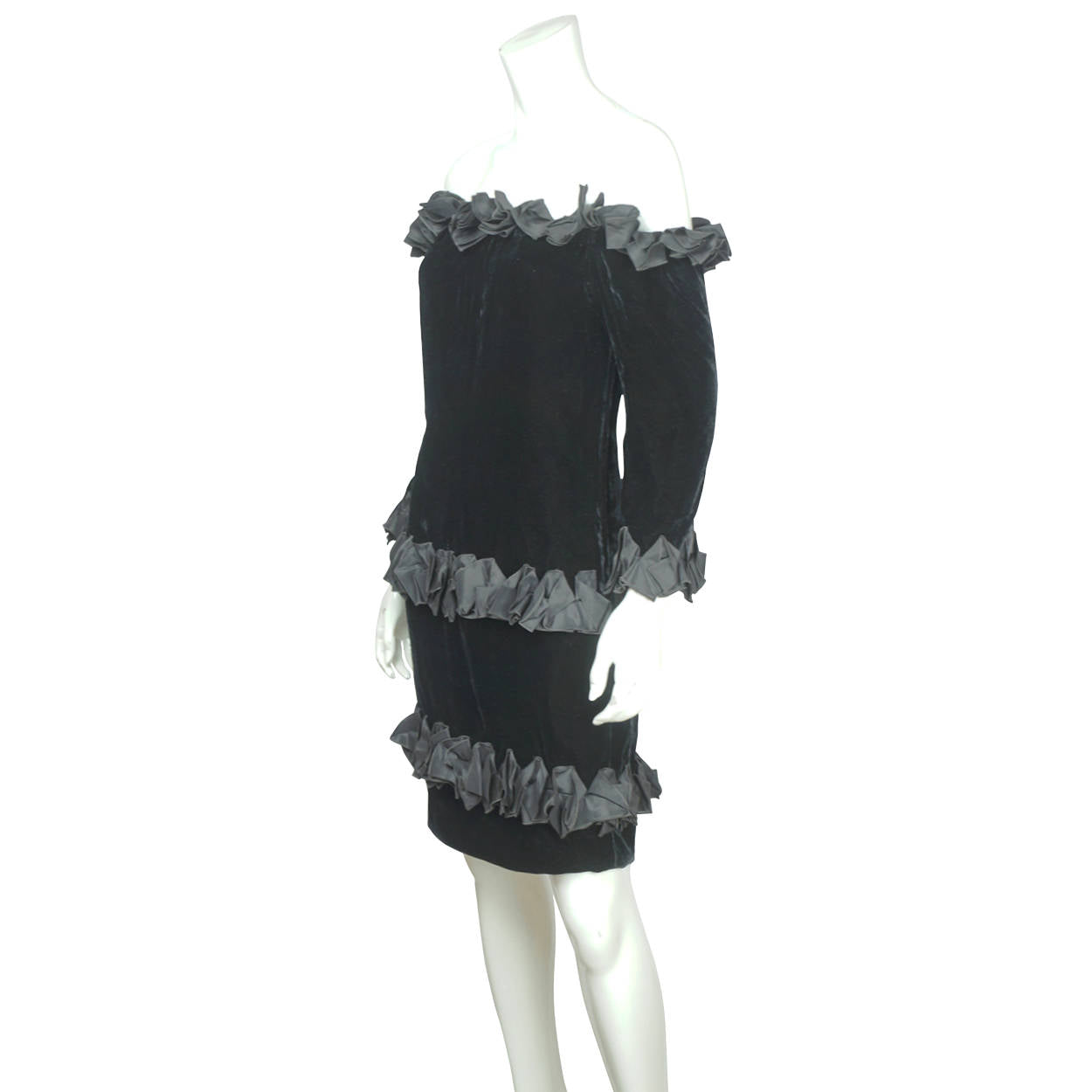 Vintage 1980s Yves Saint Laurent Dress in Black Velvet with Ruffles Size M - Poppy's Vintage Clothing