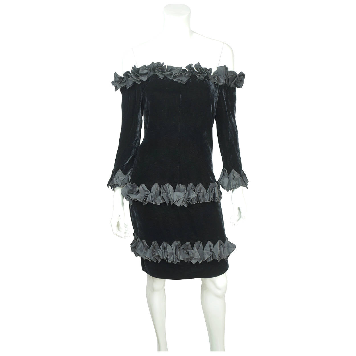 Vintage 1980s Yves Saint Laurent Dress in Black Velvet with Ruffles Size M