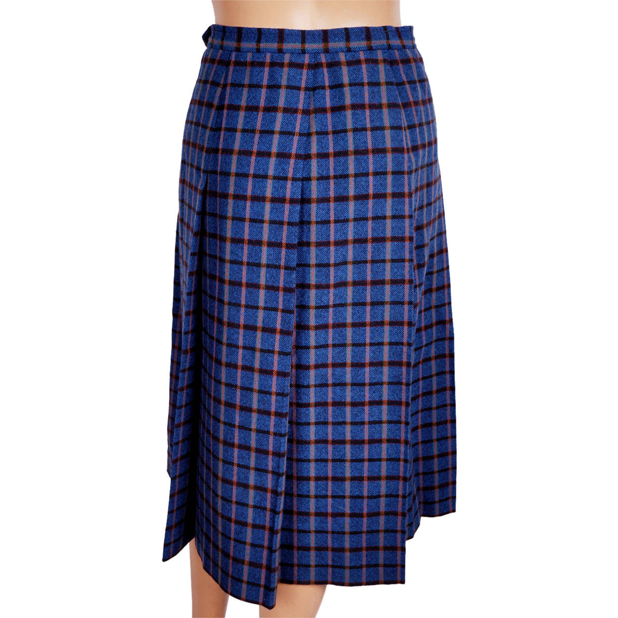 Vintage Yves Saint Laurent Rive Gauche Paris Wool Skirt Blue w Orange Check XS - Poppy's Vintage Clothing