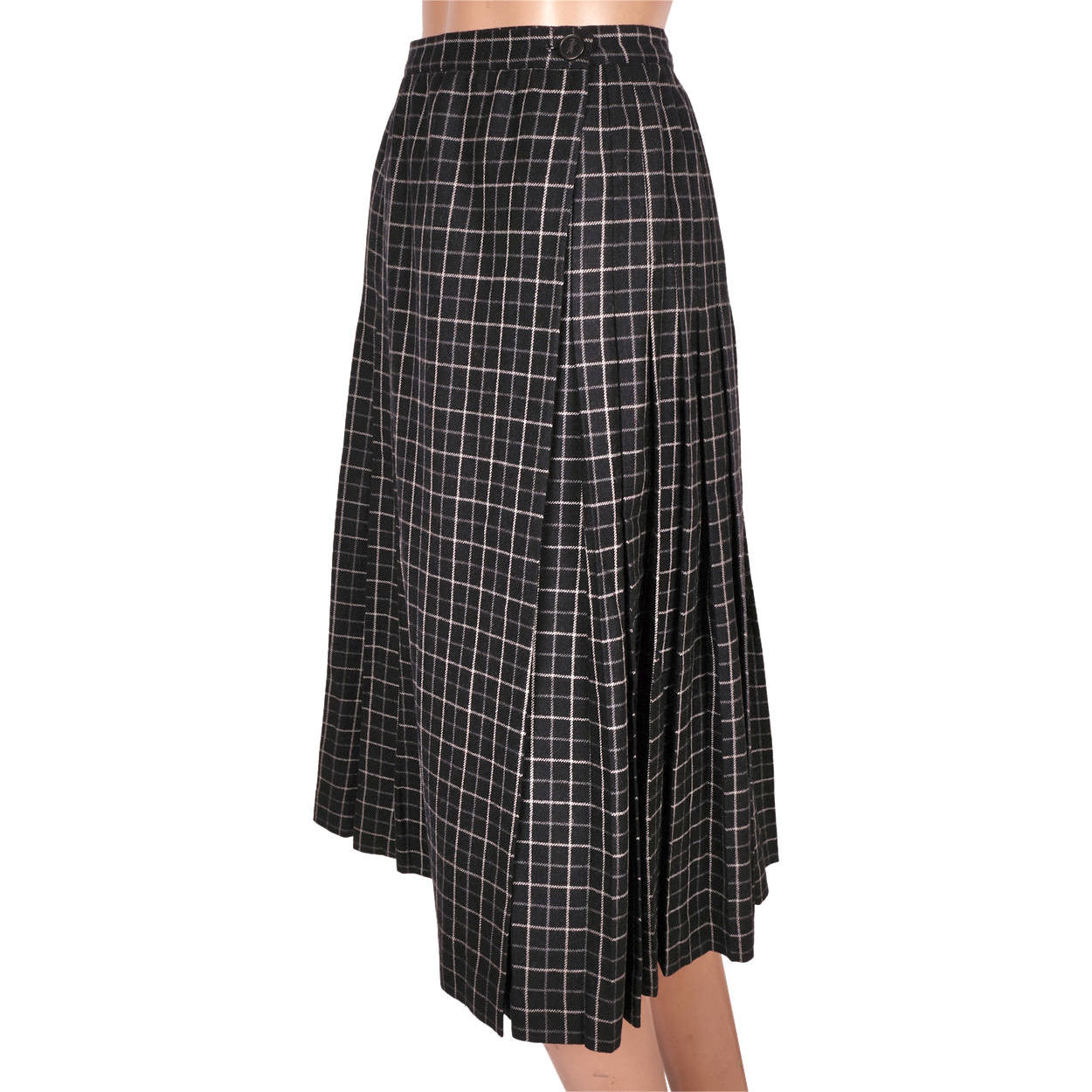 Vintage Yves Saint Laurent Paris Wool Kilt Style Wrap Skirt Black w Check Size S - Poppy's Vintage Clothing
