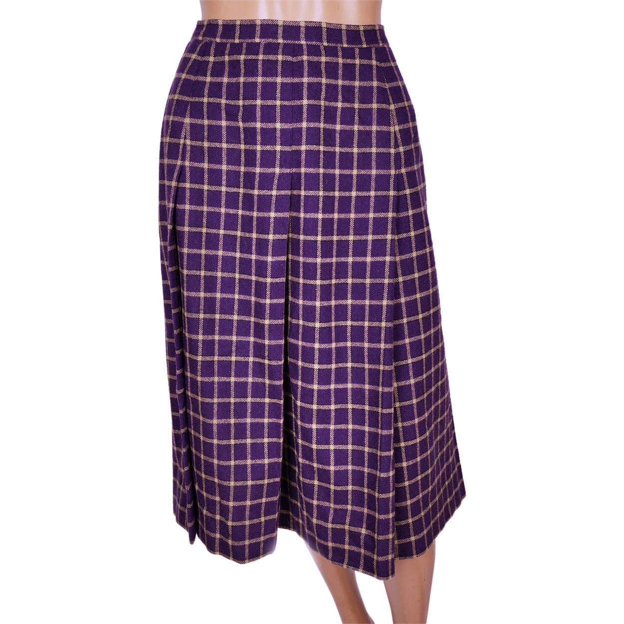 Vintage Yves Saint Laurent Rive Gauche Paris Wool Skirt Purple w Yellow Check XS - Poppy's Vintage Clothing