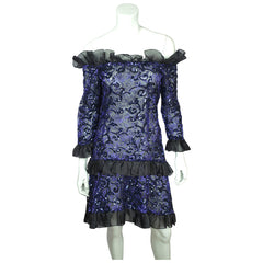 Vintage 1980s Yves Saint Laurent Violet Blue Sequin Lace Party Dress Size M - Poppy's Vintage Clothing