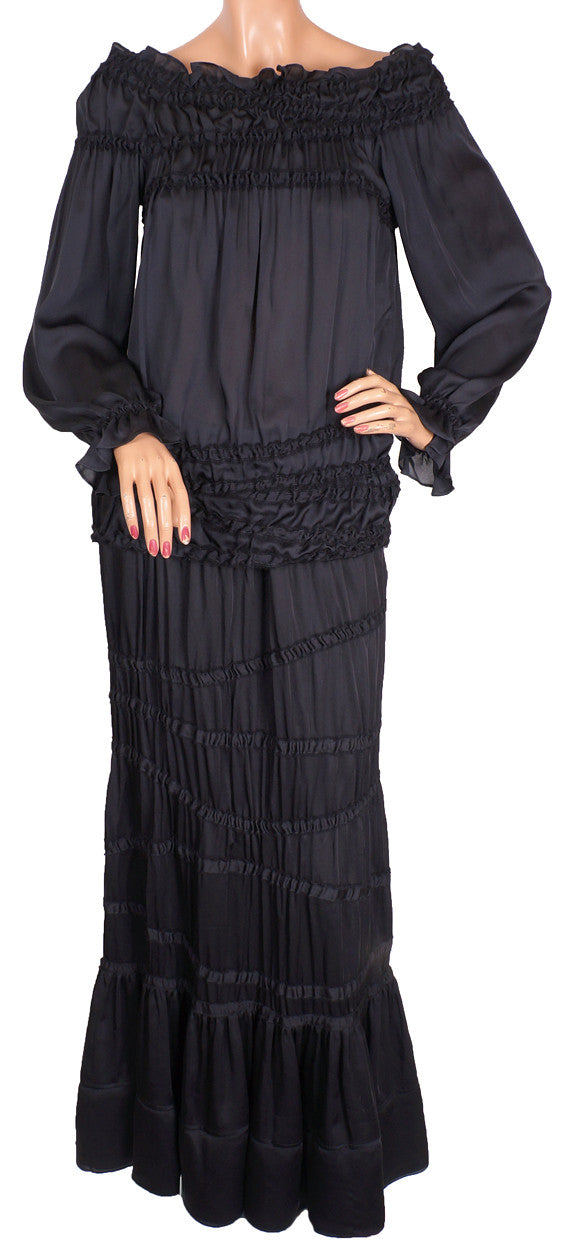 Yves Saint Laurent Two Piece Ensemble Blouse & Skirt Black Silk Size M - Poppy's Vintage Clothing