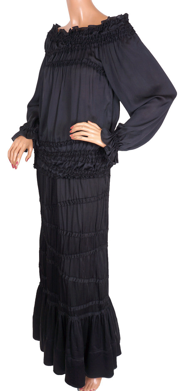 Yves Saint Laurent Two Piece Ensemble Blouse & Skirt Black Silk Size M - Poppy's Vintage Clothing