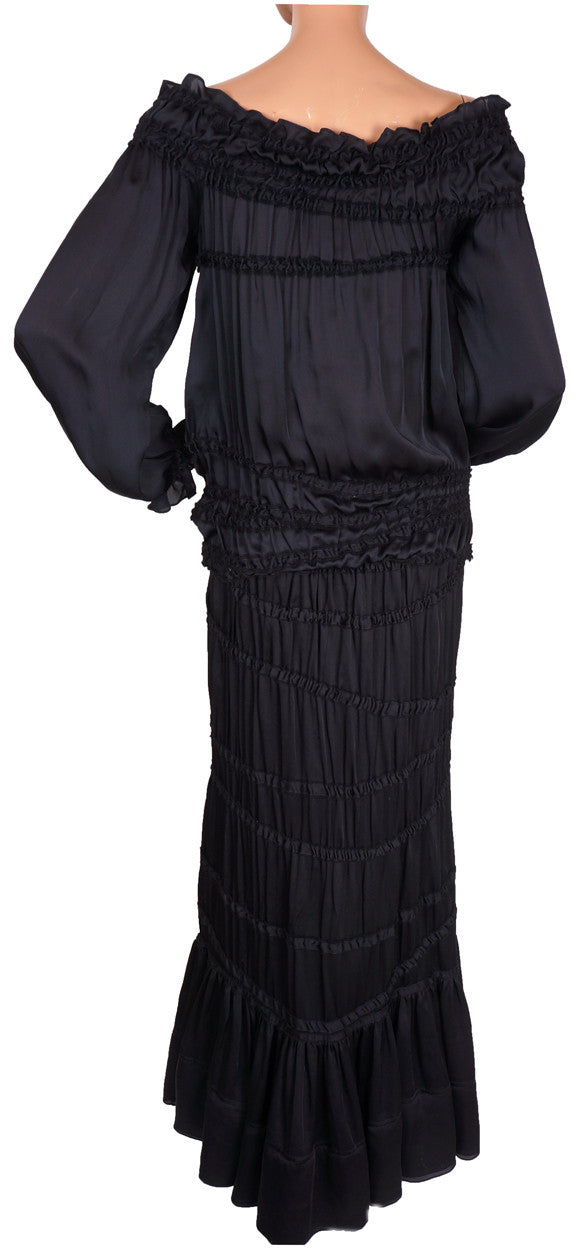 Yves Saint Laurent Two Piece Ensemble Blouse & Skirt Black Silk Size M - Poppy's Vintage Clothing