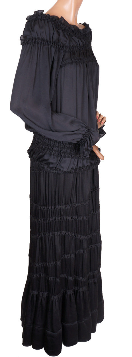 Yves Saint Laurent Two Piece Ensemble Blouse & Skirt Black Silk Size M - Poppy's Vintage Clothing