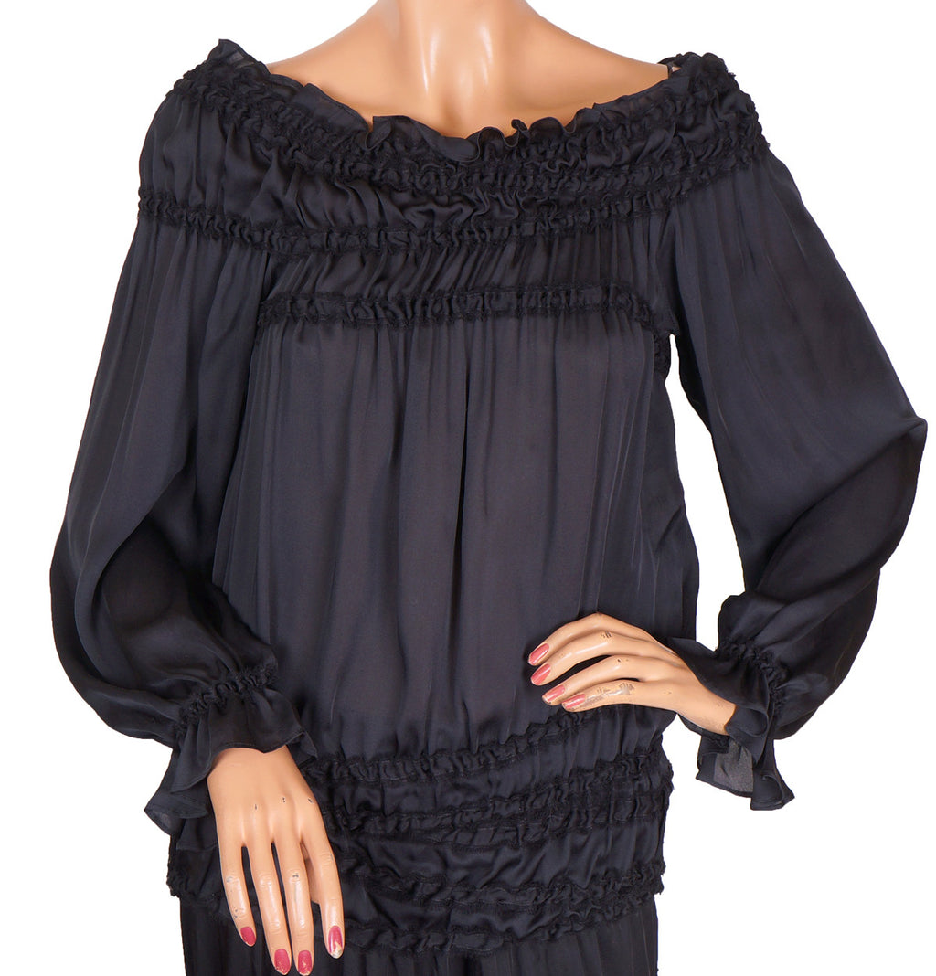 Yves Saint Laurent Two Piece Ensemble Blouse & Skirt Black Silk Size M - Poppy's Vintage Clothing