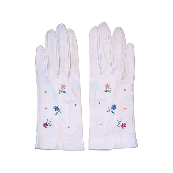 Vintage Embroidered White Kid Leather Gloves Zurro Made in Spain Ladies Size 7.5 - Poppy's Vintage Clothing