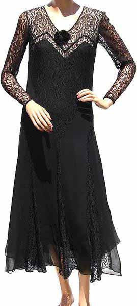 Vintage 1930s Black Lace and Chiffon Dress - Art Deco Styling - Poppy's Vintage Clothing