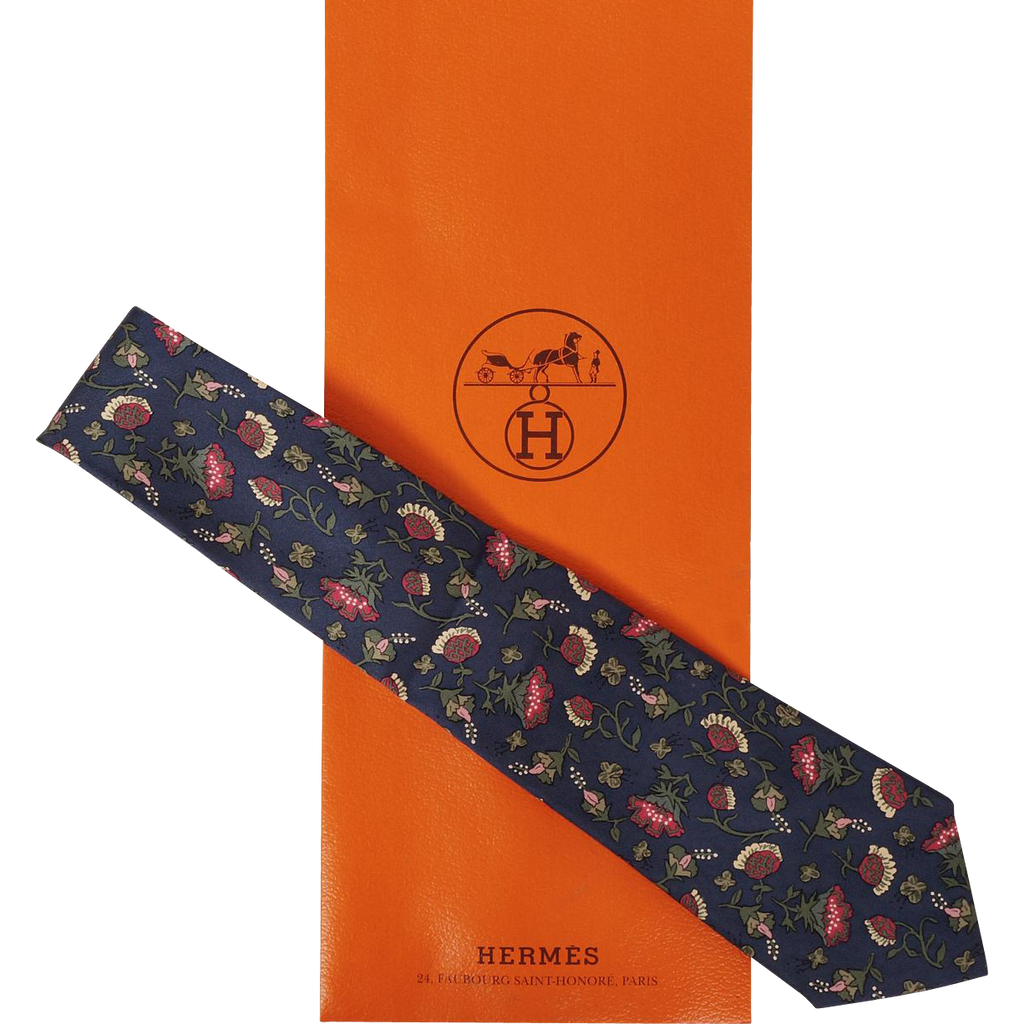 Vintage Hermes Tie - Silk Twill - Floral Pattern - 7229 - Mens Necktie - Made in France - Poppy's Vintage Clothing