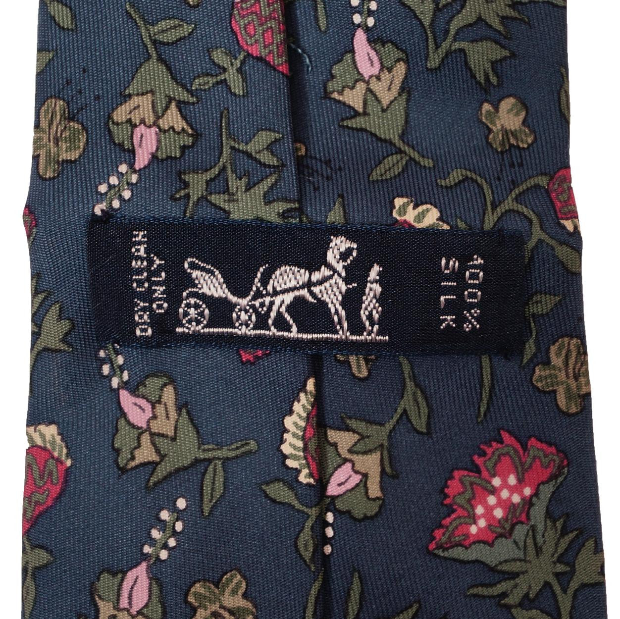 Vintage Hermes Tie - Silk Twill - Floral Pattern - 7229 - Mens Necktie - Made in France - Poppy's Vintage Clothing