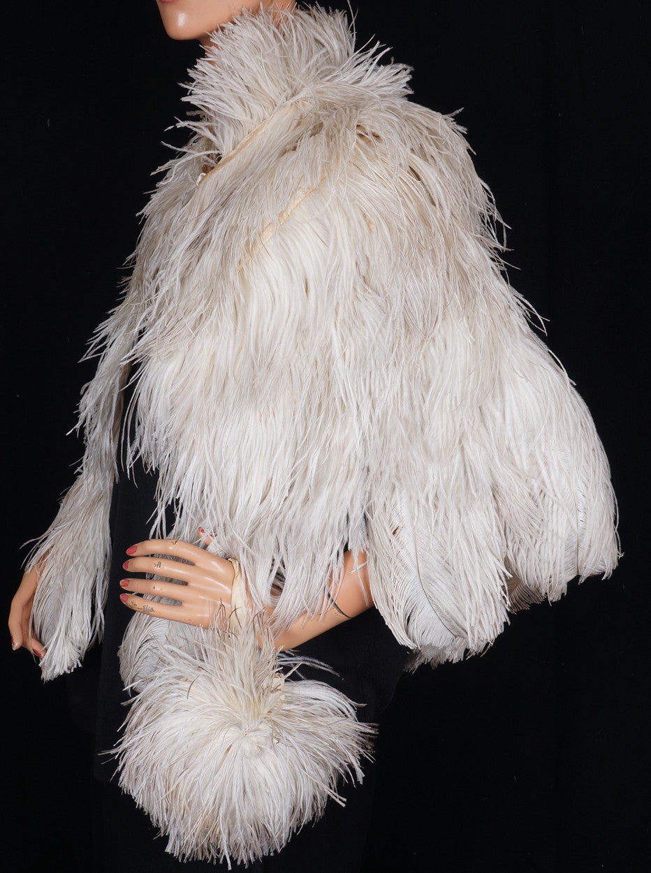 Vintage 1930s White Ostrich Feather Cape 30s Evening Capelet with Matching Purse  S / M - Poppy's Vintage Clothing