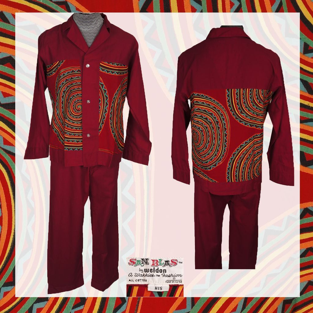 Vintage 60s Wild Design Tiki Print Mens Pajamas Size Medium by Weldon - Poppy's Vintage Clothing